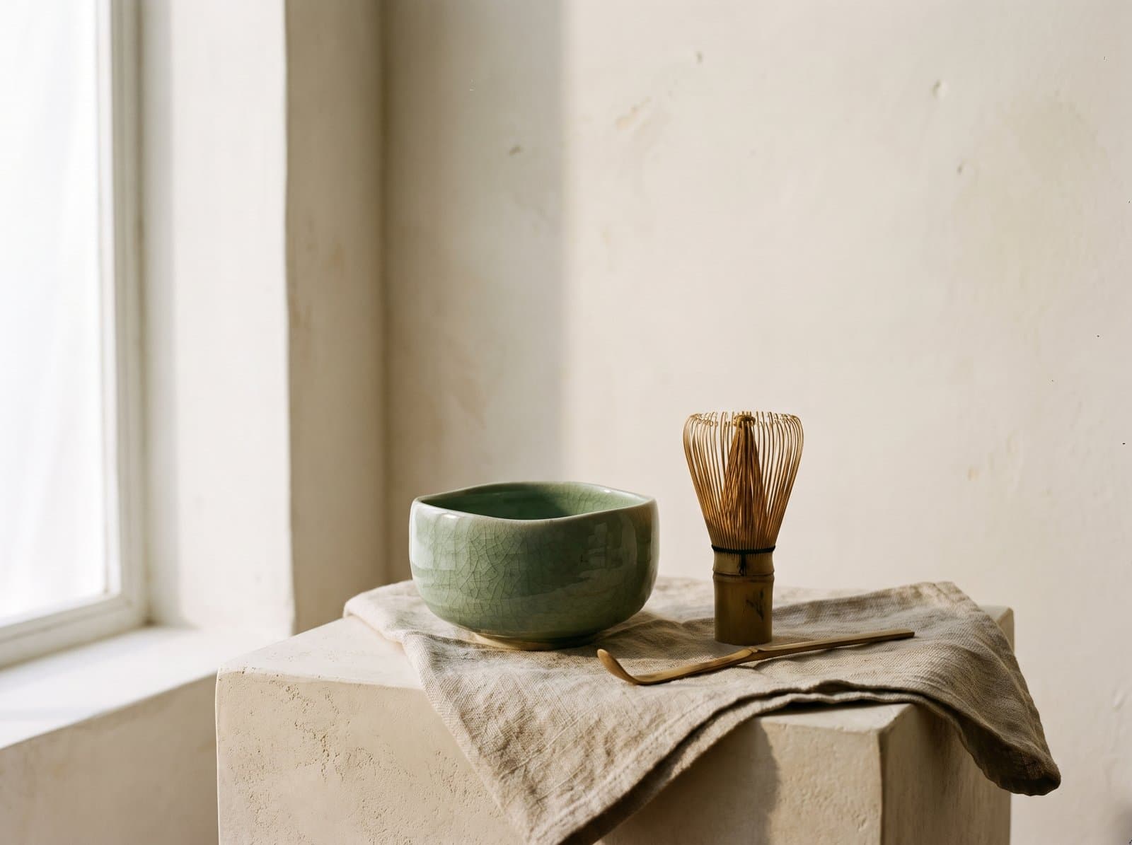 Handcrafted celadon matcha bowl (chawan) with bamboo chasen whisk and tea scoop on natural linen — MIRUKII matcha ceremony set