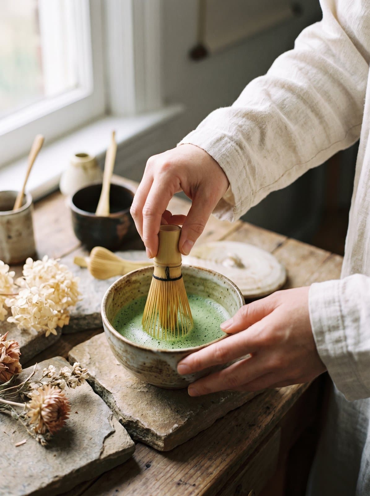 Hands whisking ceremonial matcha in a kiln-glazed chawan with a bamboo chasen — how to make matcha at home